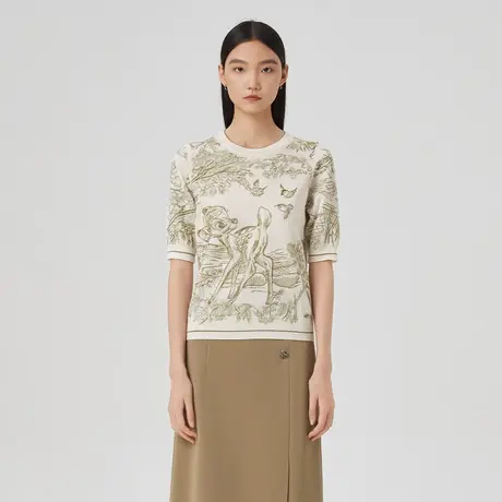 LANCY/朗姿女装春季新款羊毛刺绣圆领套头衫印花通勤针织衫女图片