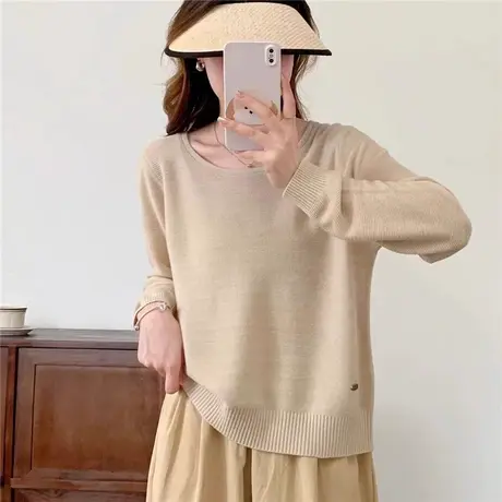 圆领套头针织衫女春季2024年新款宽松后背设计感洋气长袖内搭上衣图片
