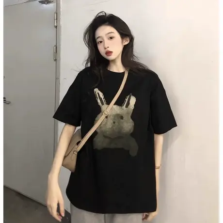 独特别致黑色短袖女2024年新款夏季t恤女宽松百搭显瘦半袖上衣服商品大图