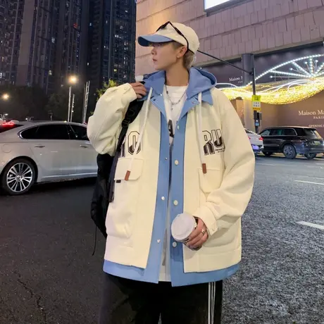 假两件外套男春秋季撞色连帽夹克男装潮牌青少年休闲宽松港风上衣商品大图