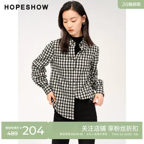 红袖outlets复古格纹单排扣衬衫hopeshow2023冬通勤百搭休闲上衣商品大图