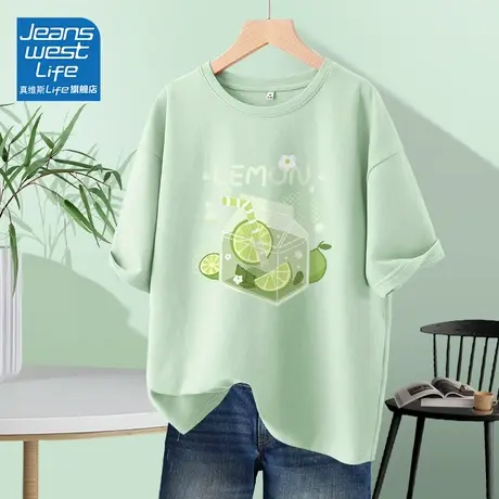真维斯life绿色纯棉短袖t恤女夏2024新款爆款复古优雅半袖体恤女商品大图
