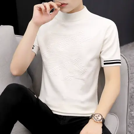 春秋男士短袖针织t恤新款半高领打底衫中领薄款休闲线衫秋装毛衣商品大图