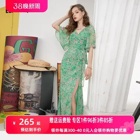 妖精的口袋绿色雪纺碎花连衣裙女2023夏季新款v领开叉度假风长裙图片