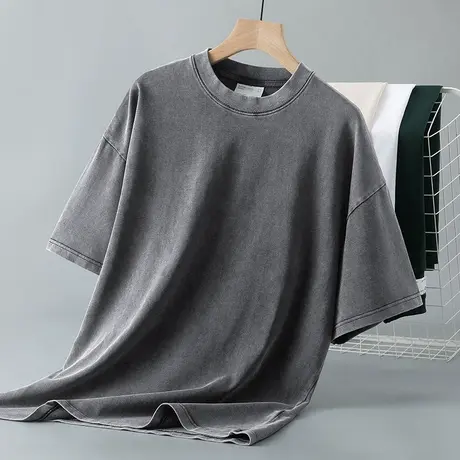 美式重磅t恤男士短袖纯棉落肩款五分袖夏季宽松全棉纯色半袖体恤商品大图