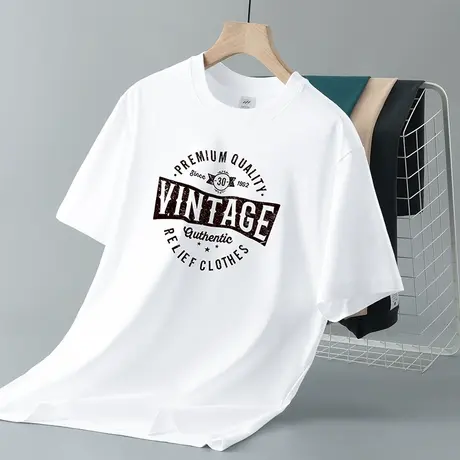 重磅纯棉短袖t恤男装美式宽松圆领上衣服夏季全棉半袖白色打底衫商品大图