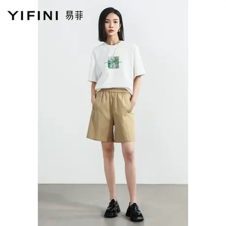 Yifini/易菲休闲显瘦宽松短裤女2023夏季新款松紧腰大裤口直筒裤商品大图
