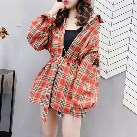 复古港味中长款格子衬衫女2021年春秋新款百搭设计感小众心机上衣图片