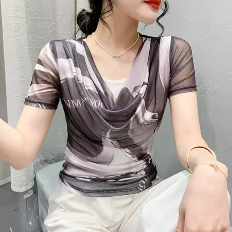 欧货网纱T恤女短袖设计感假两件拼接荡领上衣气质性感小衫半袖夏商品大图