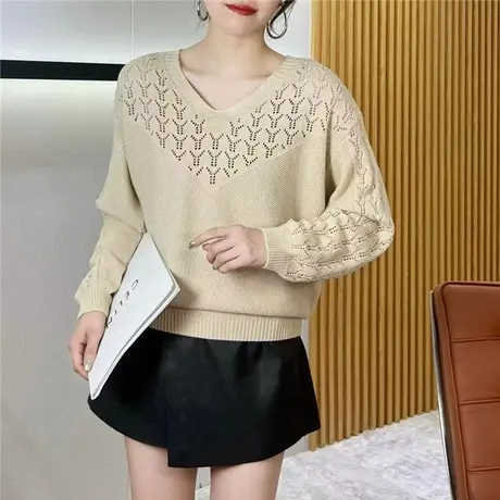 v领镂空针织衫薄款上衣女春秋款2023新款洋气减龄宽松显瘦打底衫图片