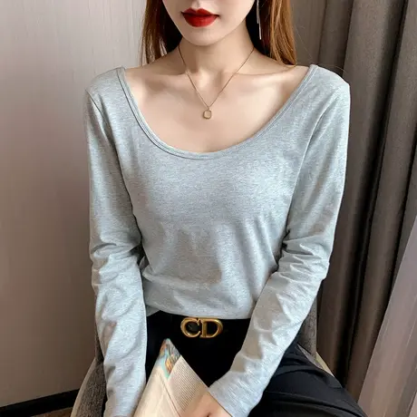 纯棉双u领t恤女圆领长袖秋冬季性感露背新款黑色小众体恤内搭上衣商品大图