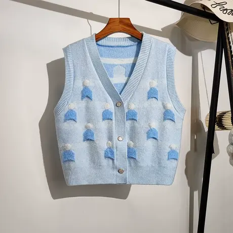 学院风针织马甲开衫女秋冬新款韩版v领显瘦无袖短款毛衣背心外穿商品大图