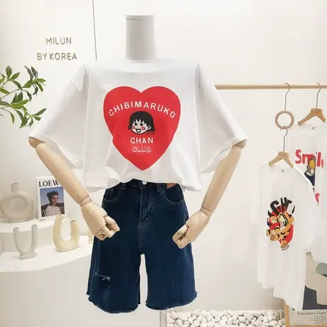 ins原宿风港味上衣2022夏装新款韩国东大门爱心字母短袖打底大码图片