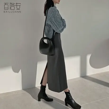 百洛安长款灰色半身裙直筒裙女秋装新款高腰显瘦开叉包臀裙一步裙图片