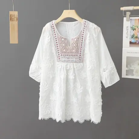 夏装新款文艺范圆领刺绣短袖t恤女3D提花中袖小衫套头打底衫上衣商品大图
