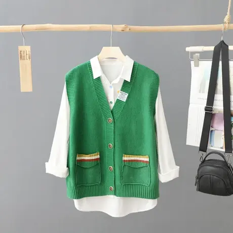 秋装新款韩版V领针织上衣百搭无袖针织开衫马夹背心宽松外套坎肩商品大图