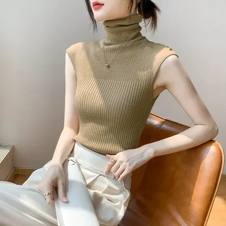 高领无袖上衣女2023早春新款纯色简约西装内搭打底修身显瘦针织衫商品大图