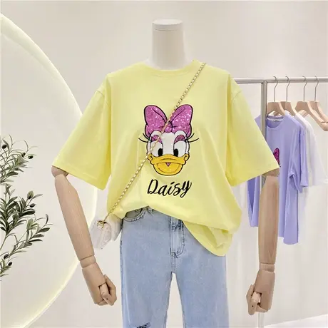 短袖t恤女夏季2021新款韩版ins潮卡通宽松重工亮片鸭子半袖上衣服商品大图