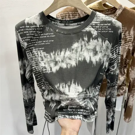 扎染冰丝针织衫女长袖2023年早秋新款弹力设计感复古抽绳T恤上衣商品大图