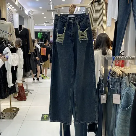 泫雅风高腰牛仔裤女复古春秋新款韩版设计感小众破洞阔腿拖地裤潮图片
