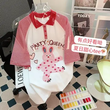 条纹插肩polo衫短袖t恤女夏季宽松小众设计感兔子欧货大版上衣服图片