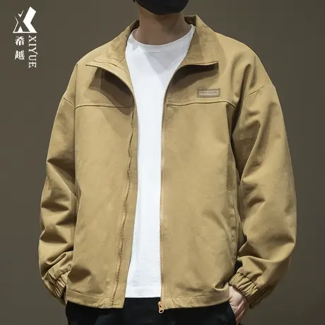 希越美式卡其色休闲夹克男秋季简约纯棉拼接外套秋冬宽松大码男装商品大图