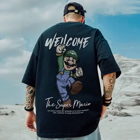 摩严潮牌男装宽松日系卡通联名短袖T恤纯棉大码男生半袖潮流夏季图片