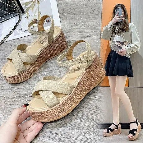 仙女风凉鞋女2023年新款夏季高跟坡跟防水台松糕厚底一字带罗马鞋商品大图