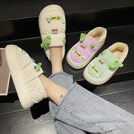羽绒防水棉拖鞋女冬季室内可爱加绒保暖防滑厚底包跟月子棉鞋外穿商品大图