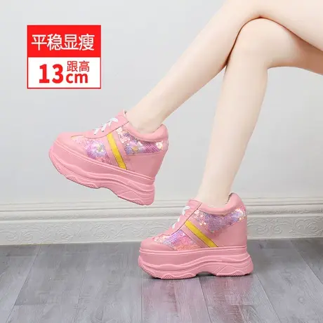 小个子女鞋14cm内增高老爹鞋2023新款粉色真皮休闲单鞋厚底松糕鞋图片