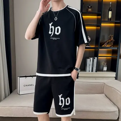 宽松潮流冰丝男士套装休闲运动夏季新款t恤短袖短裤两件套衣服ins商品大图