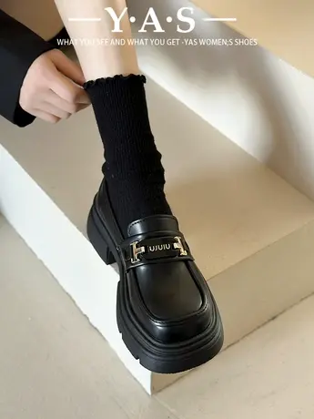 厚底松糕乐福鞋女2024年春秋新款女鞋一脚蹬黑色单鞋英伦风小皮鞋商品大图