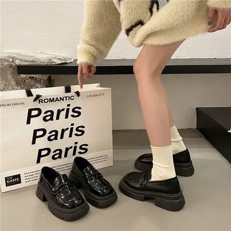 厚底粗跟英伦风小皮鞋女2024新款春秋季一脚蹬女鞋单鞋黑色乐福鞋商品大图