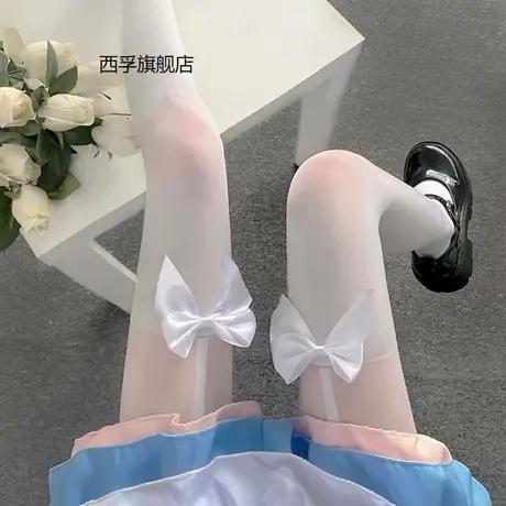 日系可爱蝴蝶结白色假大腿袜过膝袜女jk白丝袜拼接白色吊带连裤袜商品大图