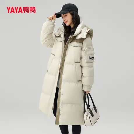 鸭鸭佟丽娅同款羽绒服女款2023年新品拼接撞色长款时尚休闲外套W图片
