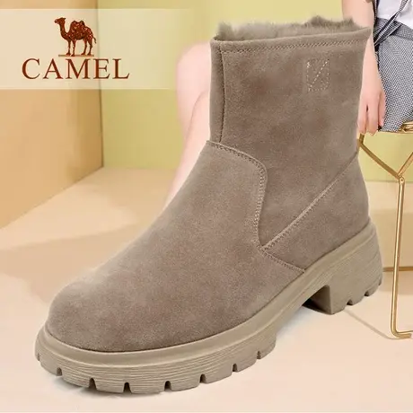 Camel/骆驼女鞋秋冬季款高帮潮真牛皮粗跟士女靴中筒休闲雪地靴子图片