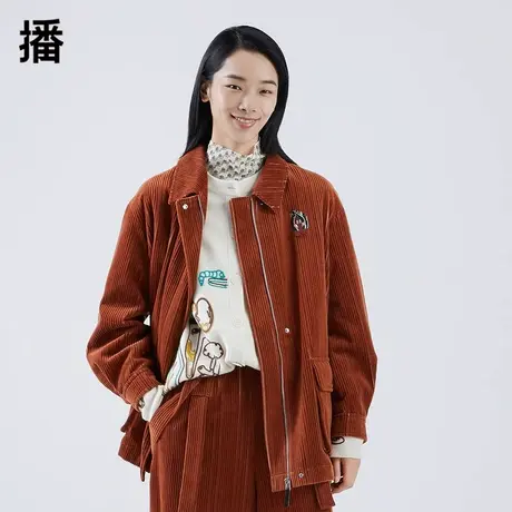 播2023秋季新款女装休闲宽松印花条纹灯芯绒外套上衣女BDO4WD0203图片