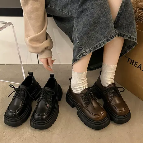 厚底小皮鞋女2023年秋季新款松糕系带加绒百搭通勤工作鞋增高jk鞋商品大图