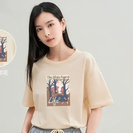 茵曼2023夏女装休闲短袖T恤圆领印花趣味上衣图片