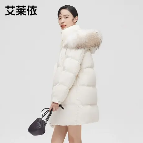 艾莱依羽绒服女2021年新款白鸭绒高端中长款白色毛领连帽上衣女装商品大图