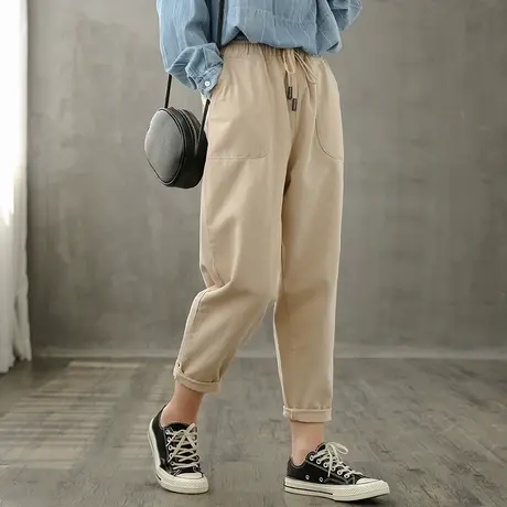 dza复古工装休闲裤子女士高腰显瘦哈伦裤2021春季新款宽松九分裤图片