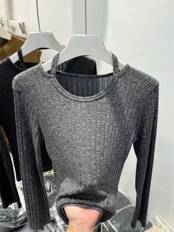 小众挂脖圆领针织打底衫女长袖2023秋季新款修身套头纯色坑条上衣商品大图