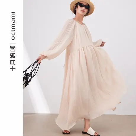 十月妈咪孕妇褶皱泡泡袖连衣裙2025新款夏季薄款宽松遮肚裙子夏装商品大图