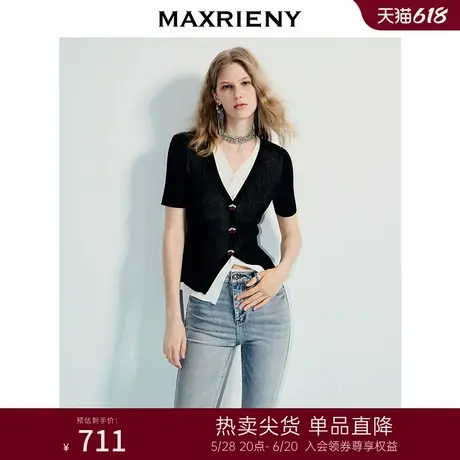MAXRIENY法式优雅纽扣假两件套头毛针织衫女25夏款v领修身上衣商品大图