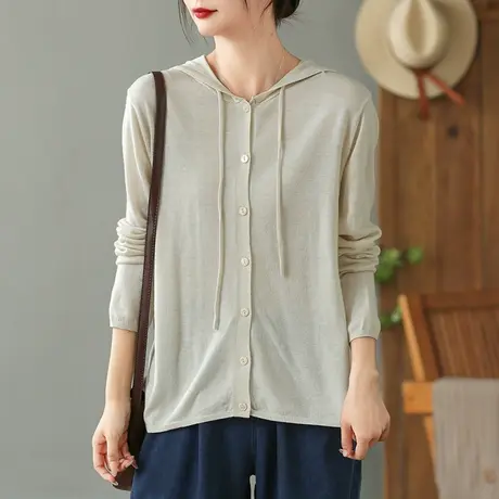 dza 复古宽松连帽棉麻针织开衫上衣女士春秋休闲外搭长袖毛衣外套商品大图