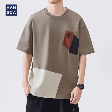 hansca 二本针撞色拼接短袖T恤男款2025夏季潮牌复古印花纯棉上衣商品大图