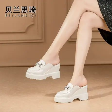 真皮舒适厚底包头坡跟凉拖鞋女2024春夏季外穿休闲防水台高跟拖商品大图