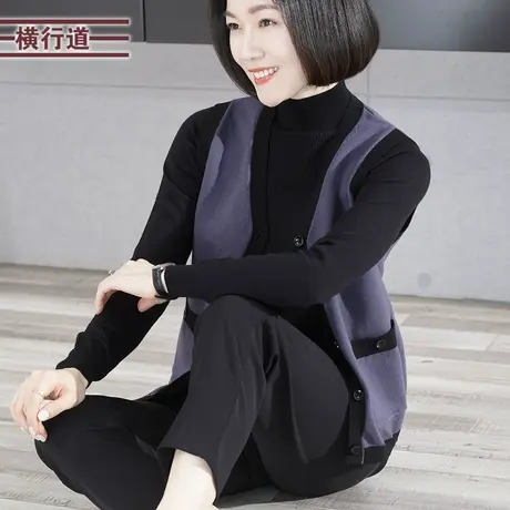 V领撞色小香风毛衣马甲妈妈大码外搭全棉无袖背心23新款冬装女衣图片