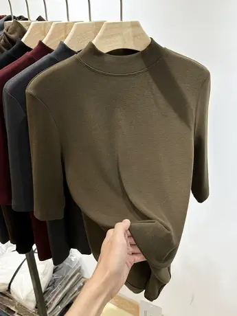 欧货软糯半高领五分袖T恤女上衣2023早秋新款修身内搭中袖打底衫商品大图