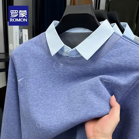 罗蒙男士假两件针织衫2025秋季新款日常长袖套头衫衬衫领拼接毛衣商品大图